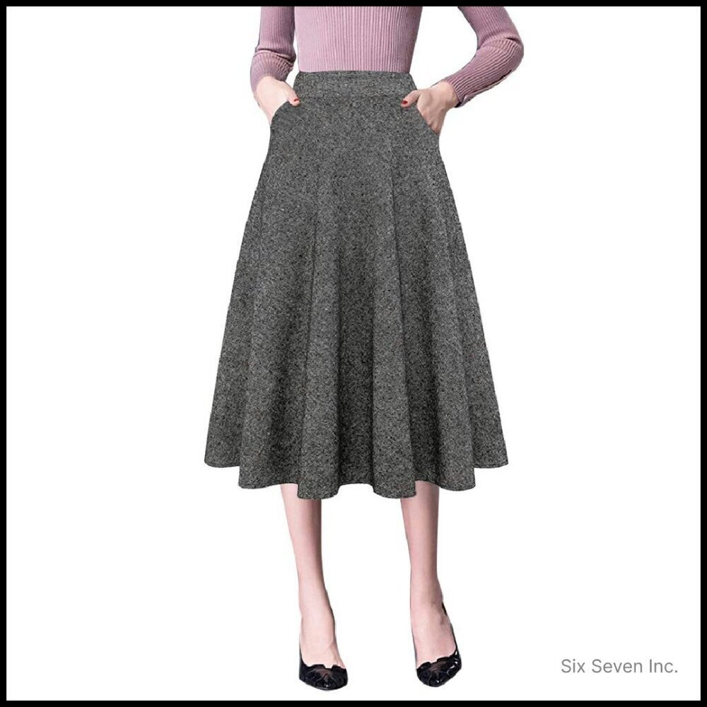Wool Plaid Midi Skirt High Waist A-Line Pleated Classic Fall Winter Chic